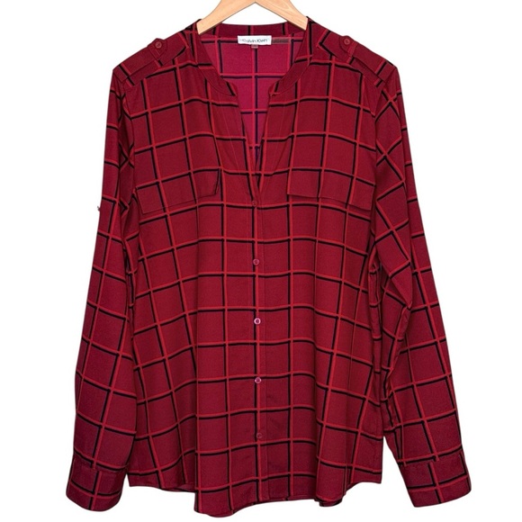 Calvin Klein Tops - Calvin Klein Epaulette Shadow Windowpane Button-Down Shirt With Roll Tab Sleeve